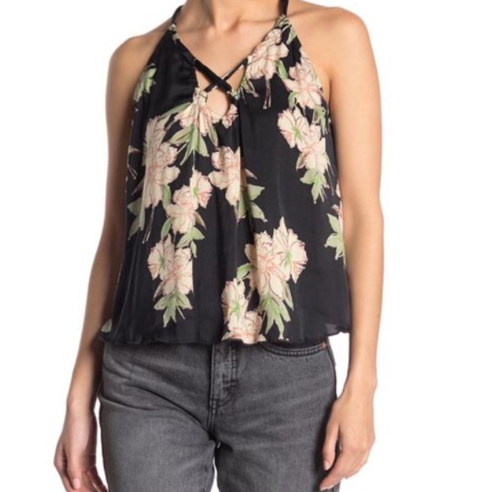 Free People Intimately Black Line Up Floral Cami MEDIUM soft satin flowy NWOT